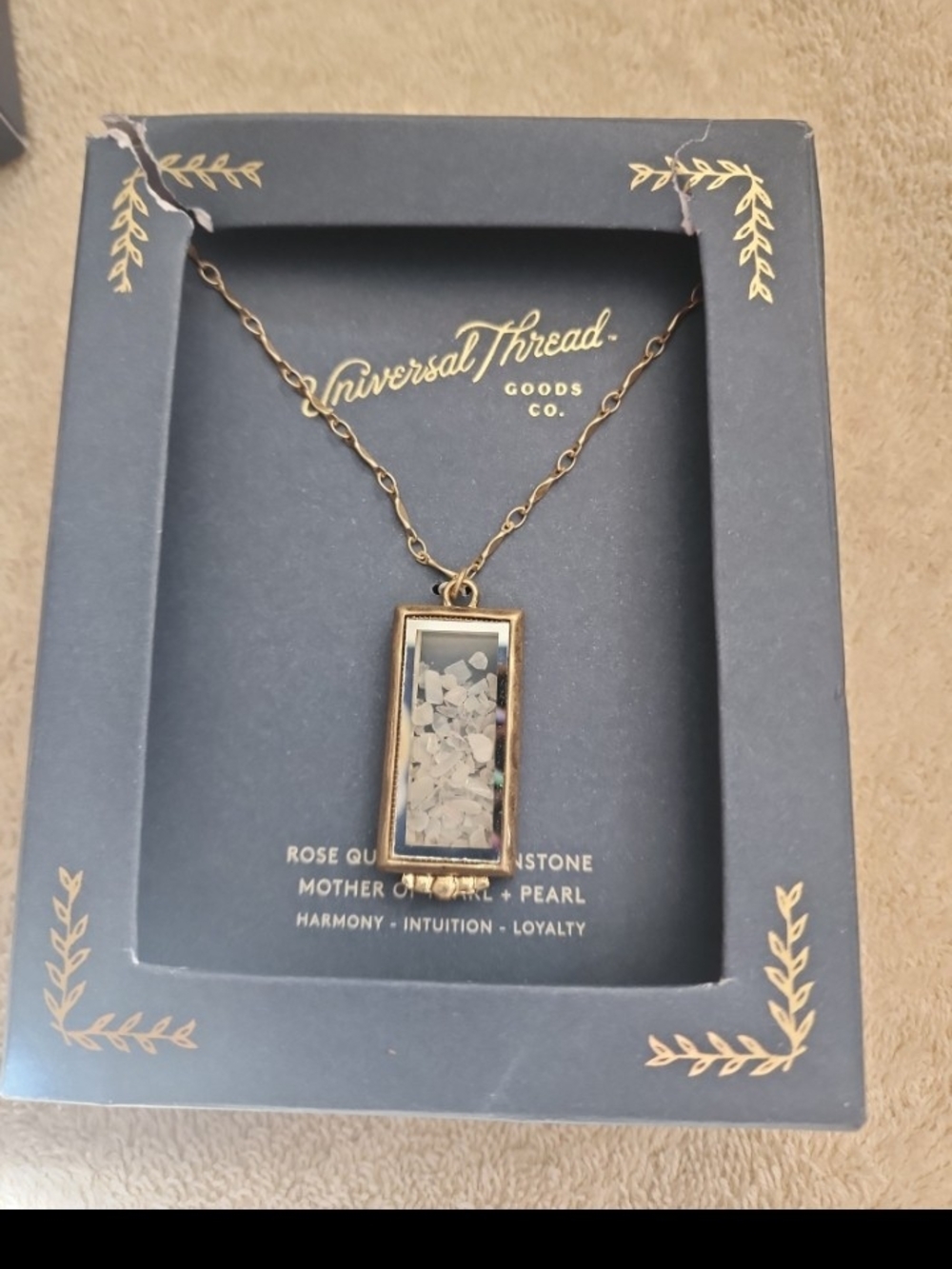 Universal Thread Gold Rectangular Pendant Necklace with Rose Quartz, MOP, Pearl